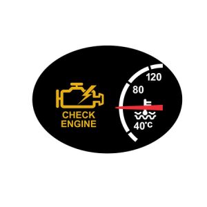 A check engine light is lit up on a dashboard