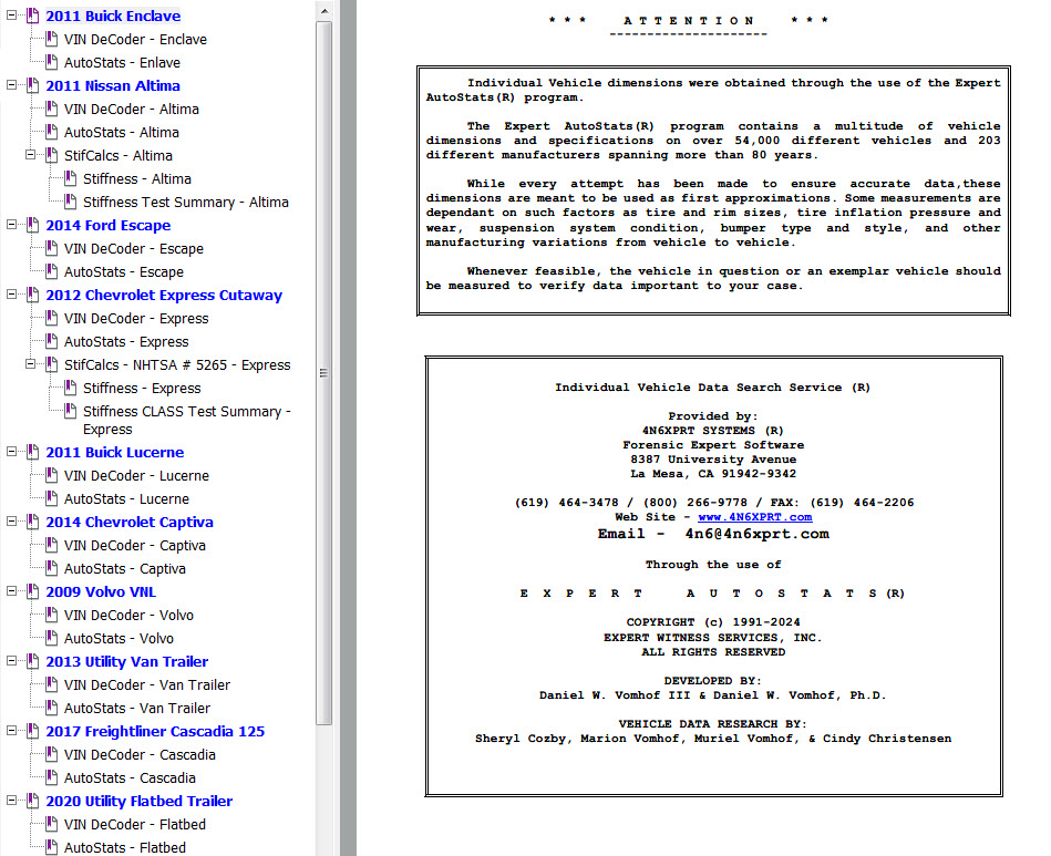 Expert VIN DeCoder - Expert AutoStats - 4N6XPRT StifCalcs data for Crash Test Vehicles